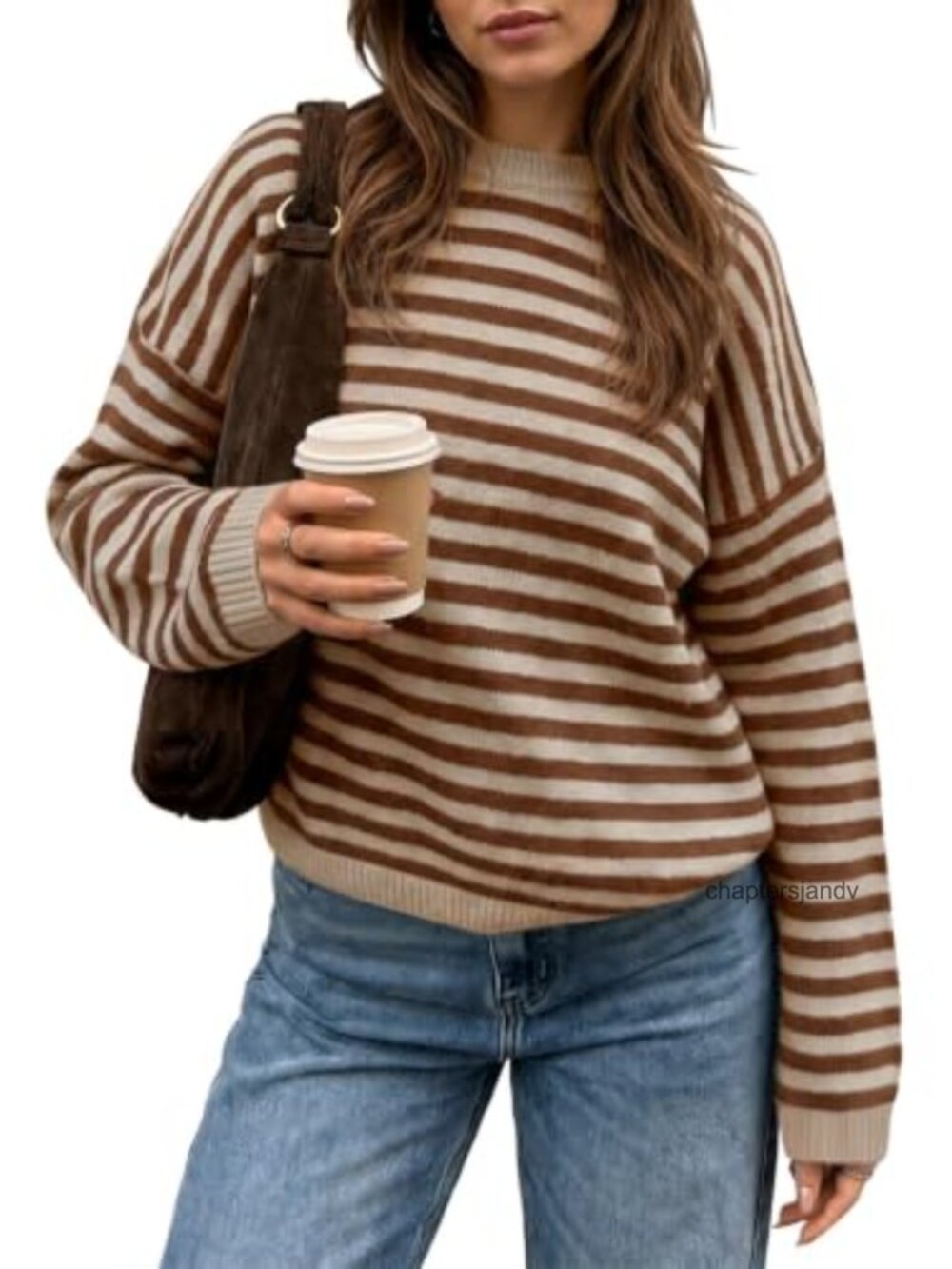 Striped Oversized Crew Neck Pullover Sweater Lantern Sleeve Fall